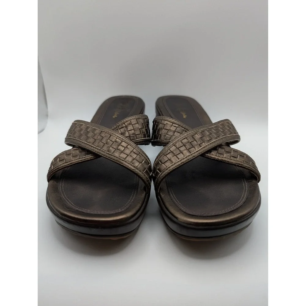 Cole Haan Womens Metallic Bronze Woven Leather Wedge Slide Sandals Platform 7.5B